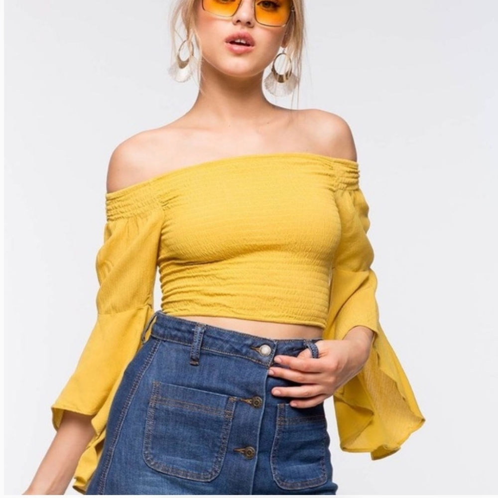 NEW Love Tree Smocked Off-Shoulder Bell Sleeve Top in Yellow - Picture 5 of 5